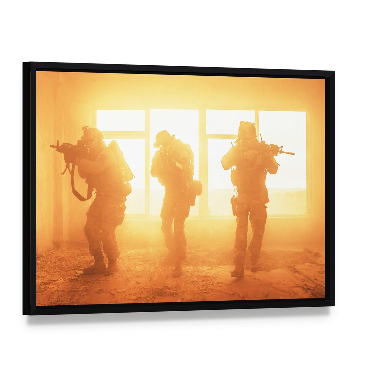Us Army Rangers in the Military Operation Canvas Wall Art, framed canvas in a black floater frame, angled product view