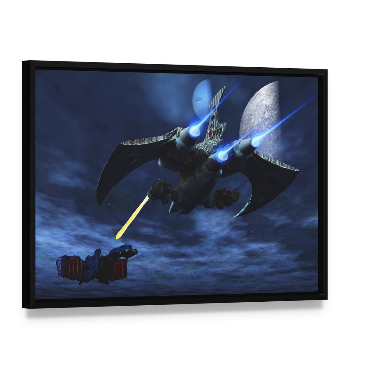 Spaceships Battle in Futuristic Space Canvas Wall Art, framed canvas in a black floater frame, angled product view