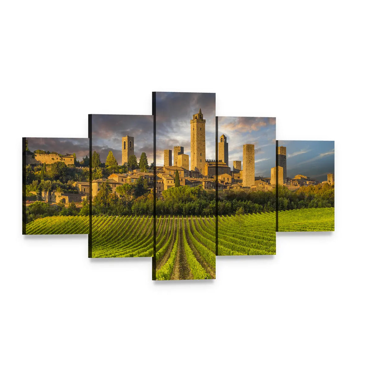 Vineyards of San Gimignano, Tuscany Canvas Wall Art, 5 panel 5 Star layout gallery wrapped canvas set, angled product view