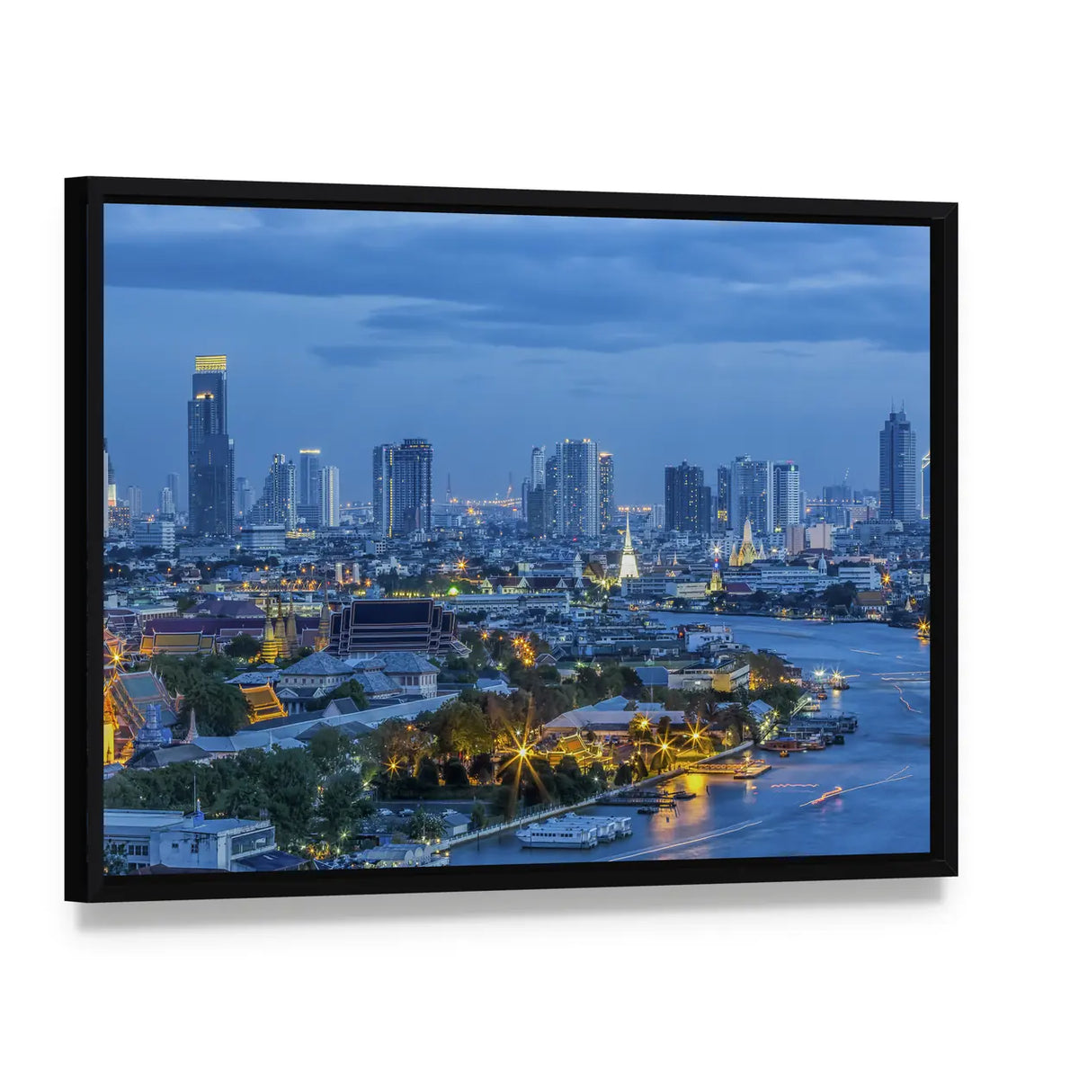 Grand Palace At Twilight In Bangkok Canvas Wall Art, framed canvas in a black floater frame, angled product view