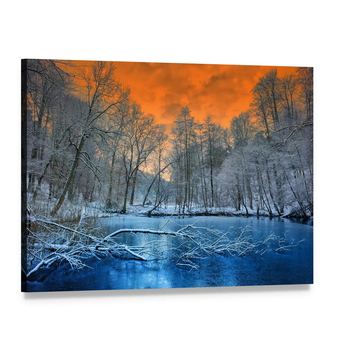 Orange Sunset Over White Winter Forest Canvas Wall Art, single panel gallery wrapped canvas, angled product view
