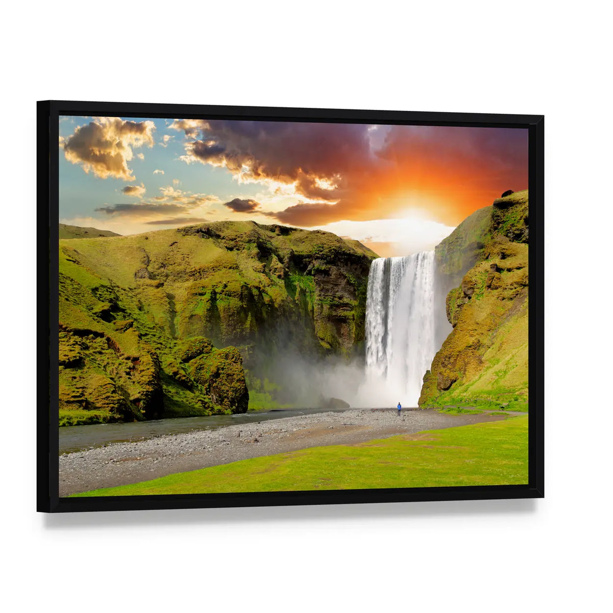 Skogafoss Waterfall At Sunset In Iceland Canvas Wall Art, framed canvas in a black floater frame, angled product view