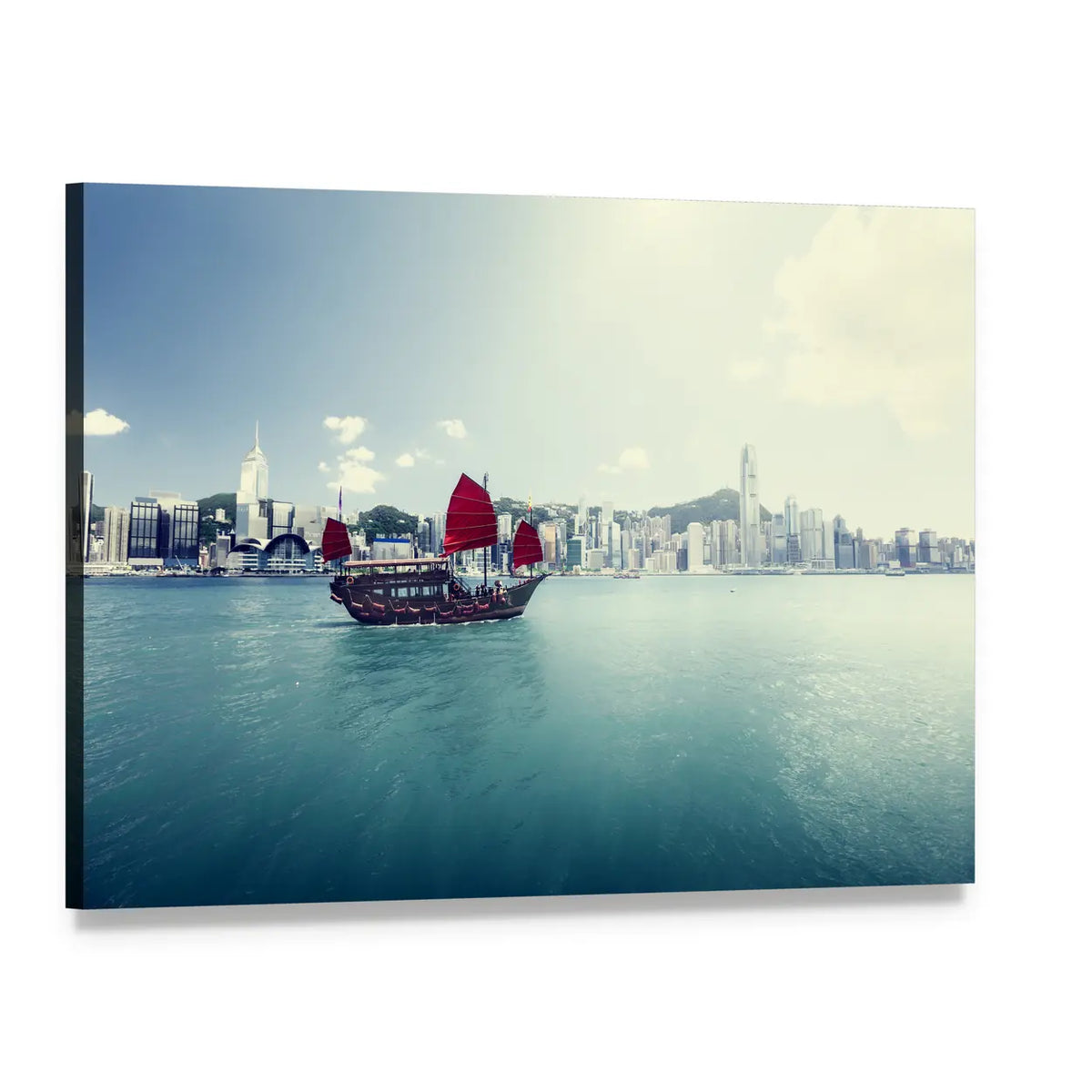 Red-sailed Junk at Hong Kong Harbor Canvas Wall Art, single panel gallery wrapped canvas, angled product view