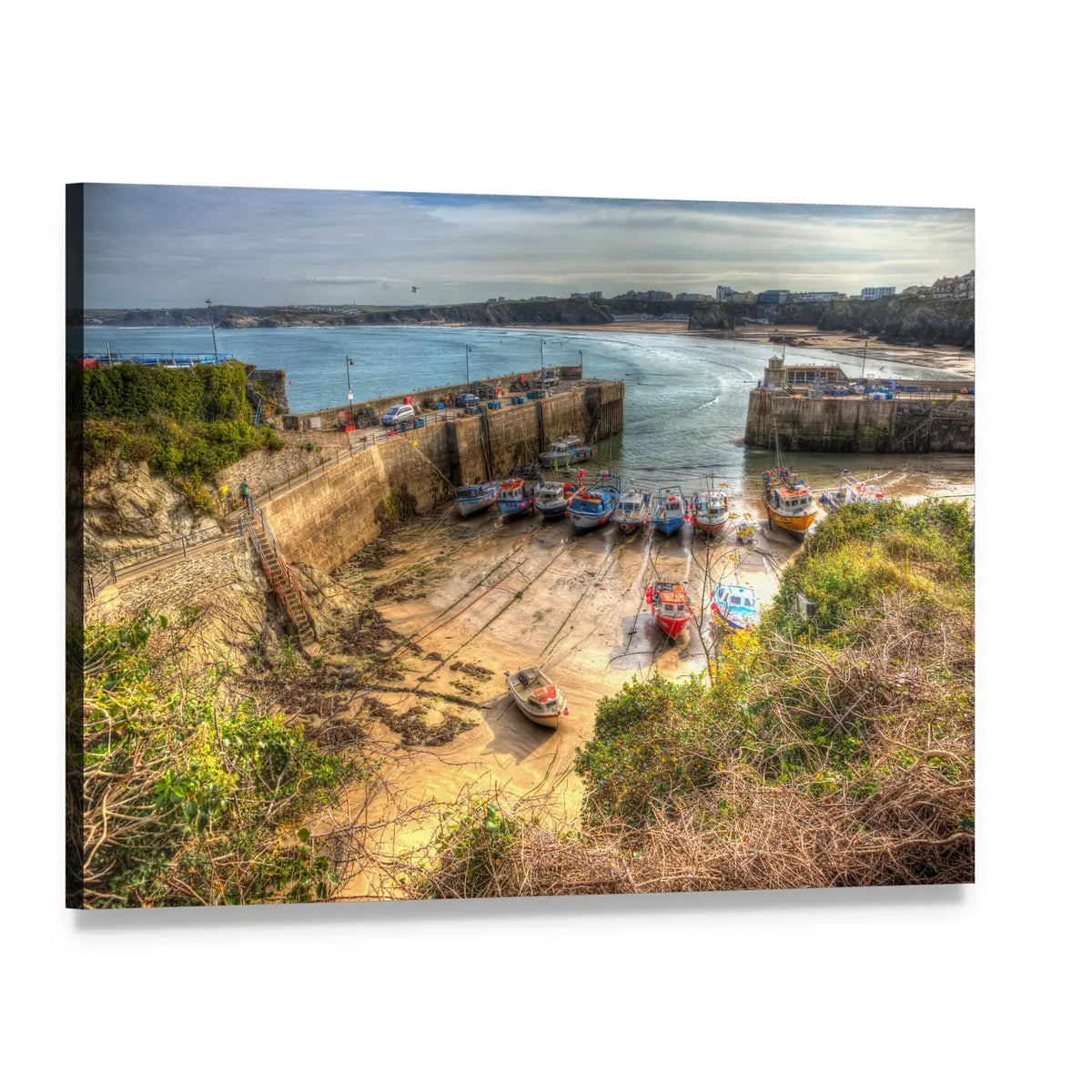 Newquay Harbour at Low Tide Canvas Wall Art, single panel gallery wrapped canvas, angled product view