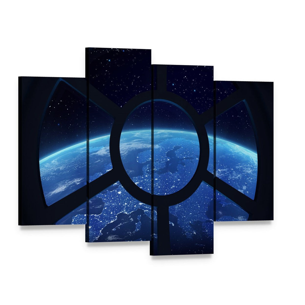 Earth View from Space Station Window Canvas Wall Art, 4 panel 4 Pop layout gallery wrapped canvas set, angled product view