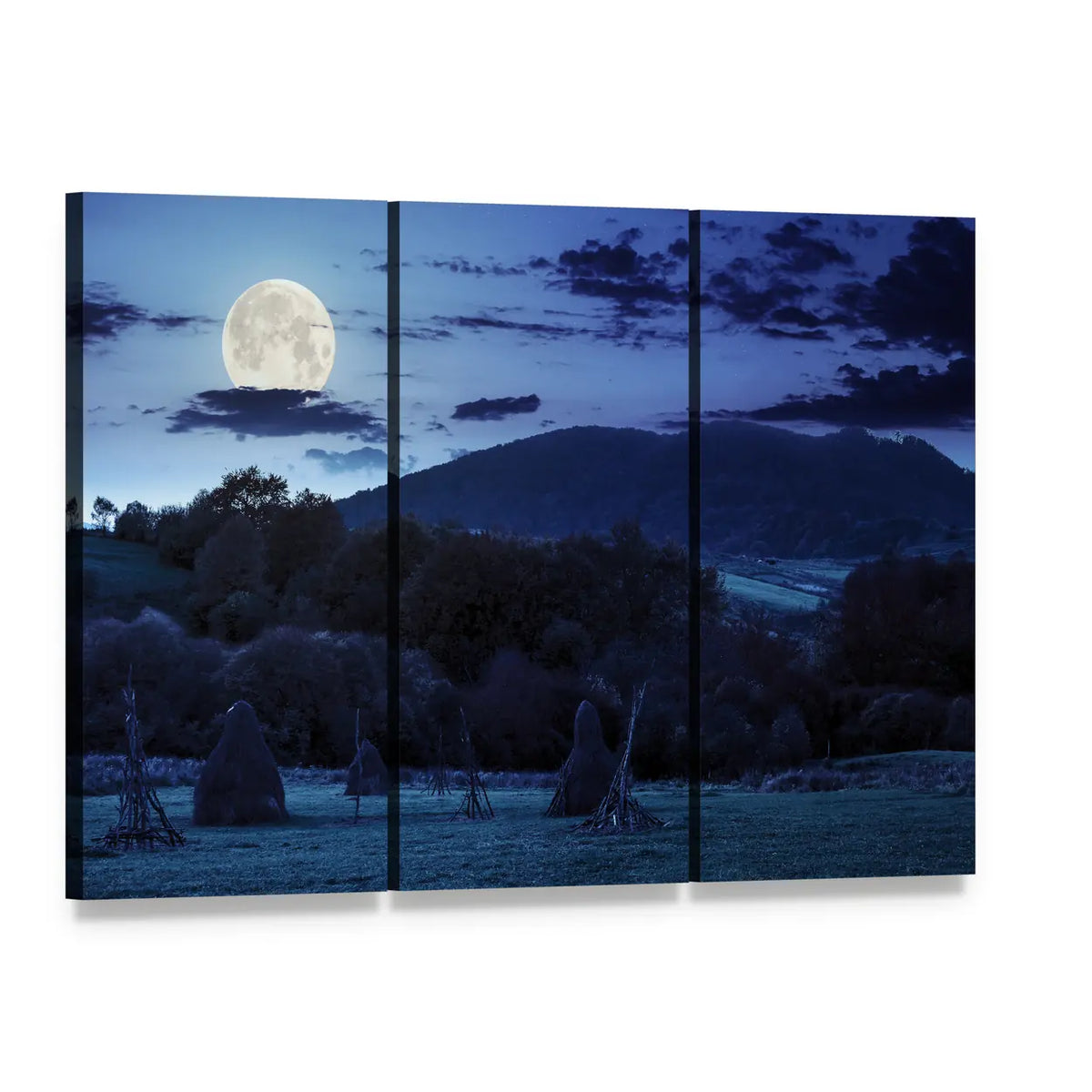 Moonlit Haystacks and Mountains Canvas Wall Art, 3 panel 3 Horizontal layout gallery wrapped canvas set, angled product view