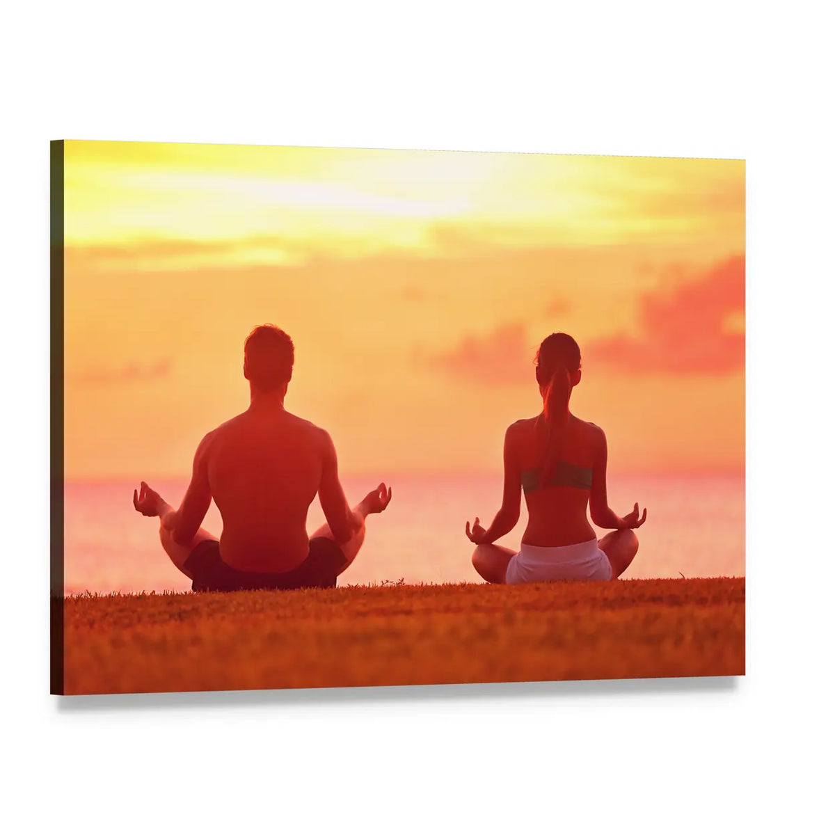 Meditating Couple at Sunset Canvas Wall Art, single panel gallery wrapped canvas, angled product view