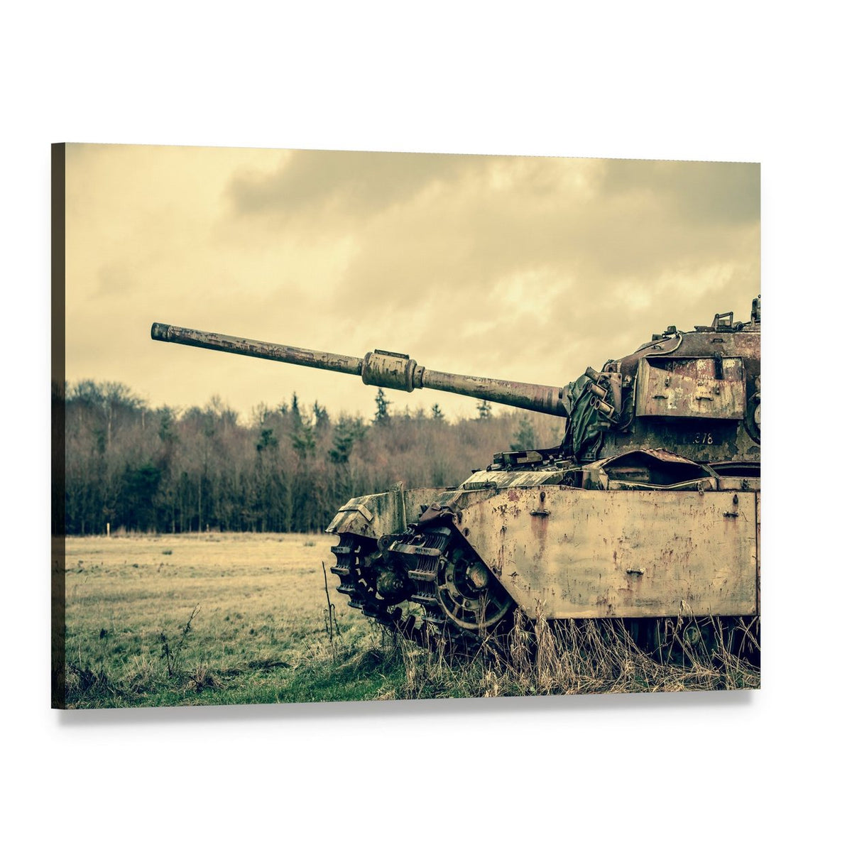 Rusted Tank in Overcast Field Canvas Wall Art, single panel gallery wrapped canvas, angled product view