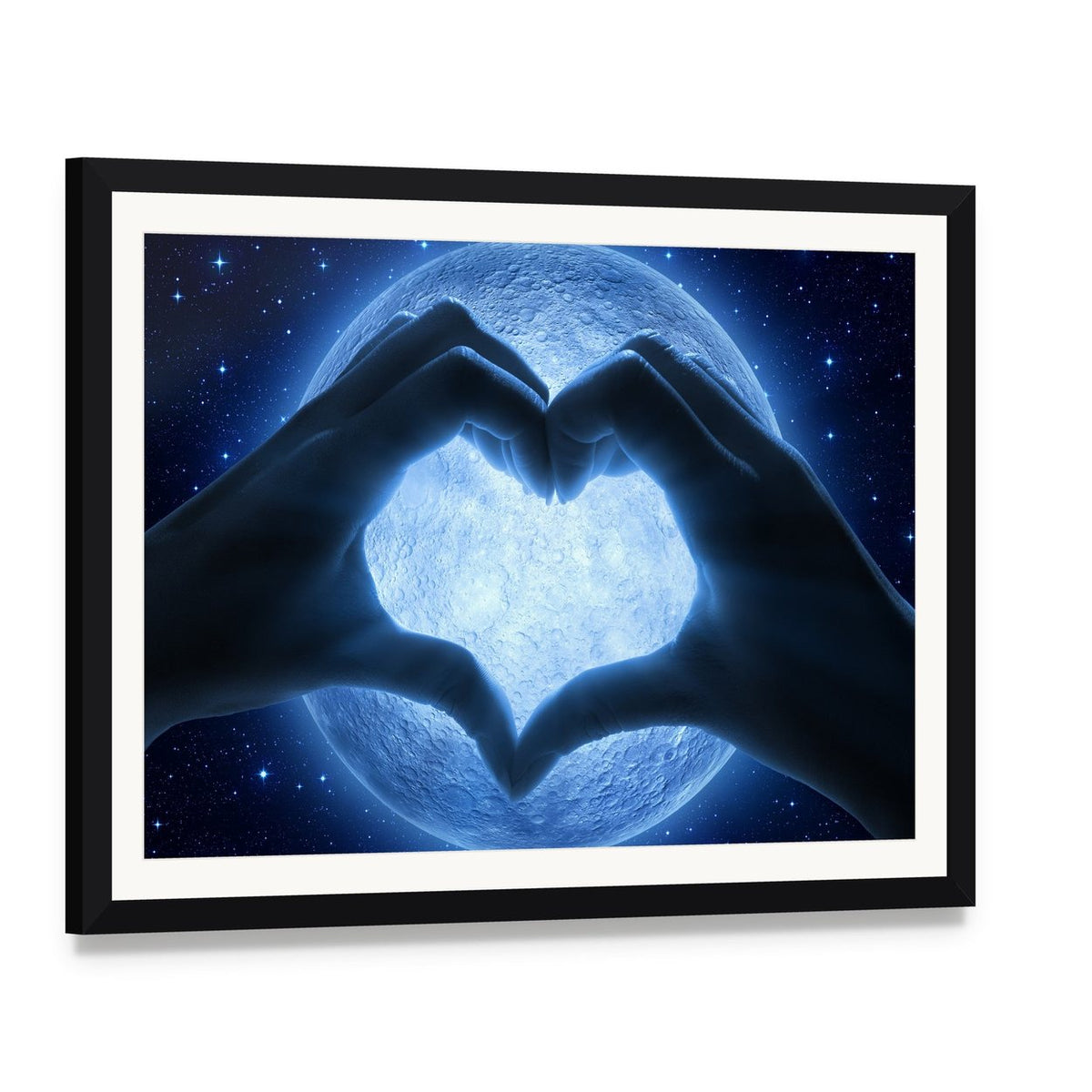 Hands Heart Moon Canvas Wall Art, framed print with white mat and black frame, angled product view