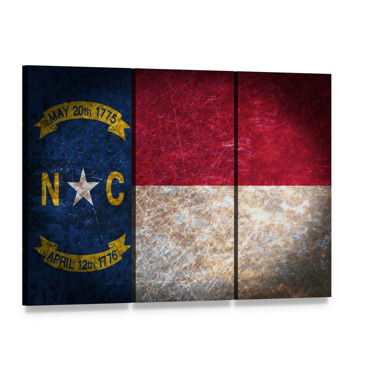 Vintage North Carolina Flag Canvas Wall Art, 3 panel 3 Horizontal layout gallery wrapped canvas set, angled product view