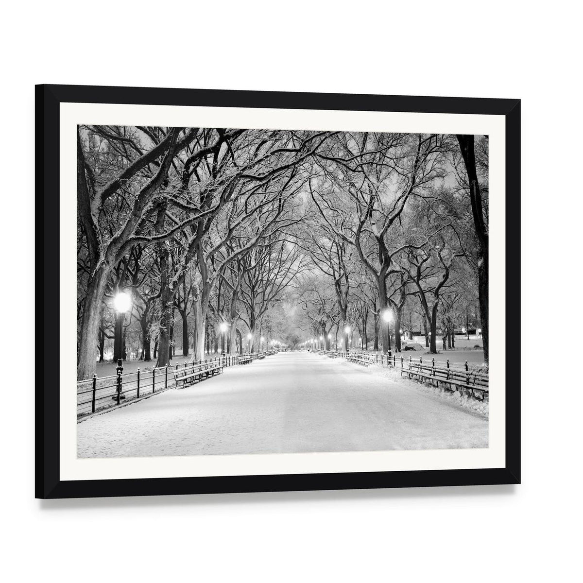 Winter Park Path with Snowy Trees Canvas Wall Art, framed print with white mat and black frame, angled product view