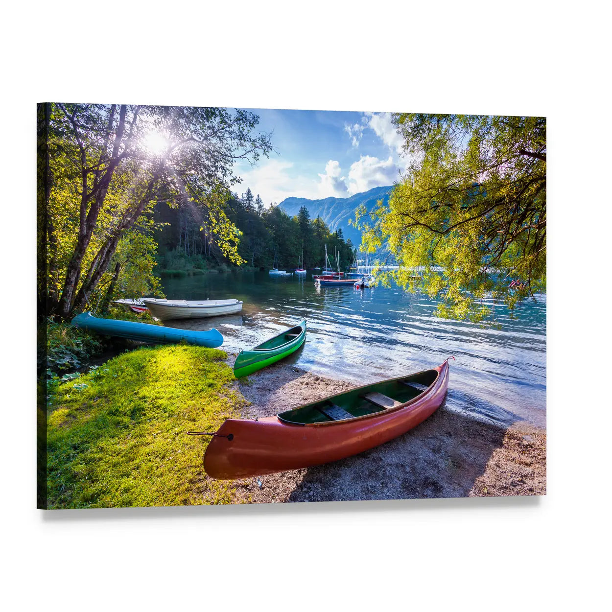 Bohinj Lake with Boats Canvas Wall Art, single panel gallery wrapped canvas, angled product view