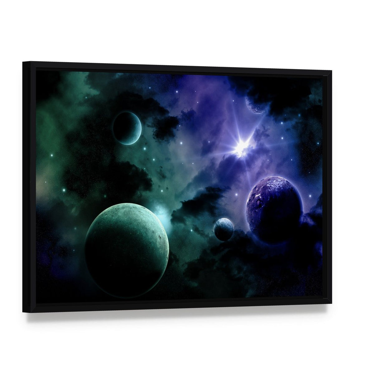 Nebula & Fictional Planets Canvas Wall Art, framed canvas in a black floater frame, angled product view
