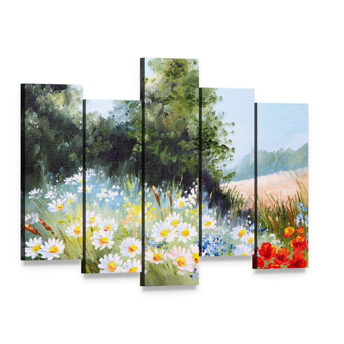 Meadow of Daisies Canvas Wall Art, 5 panel 5 Pop layout gallery wrapped canvas set, angled product view