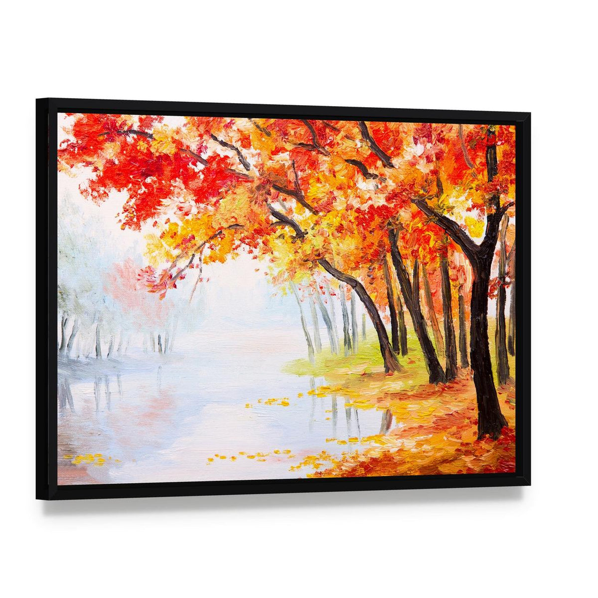 Autumn Forest Near the Lake Canvas Wall Art, framed canvas in a black floater frame, angled product view