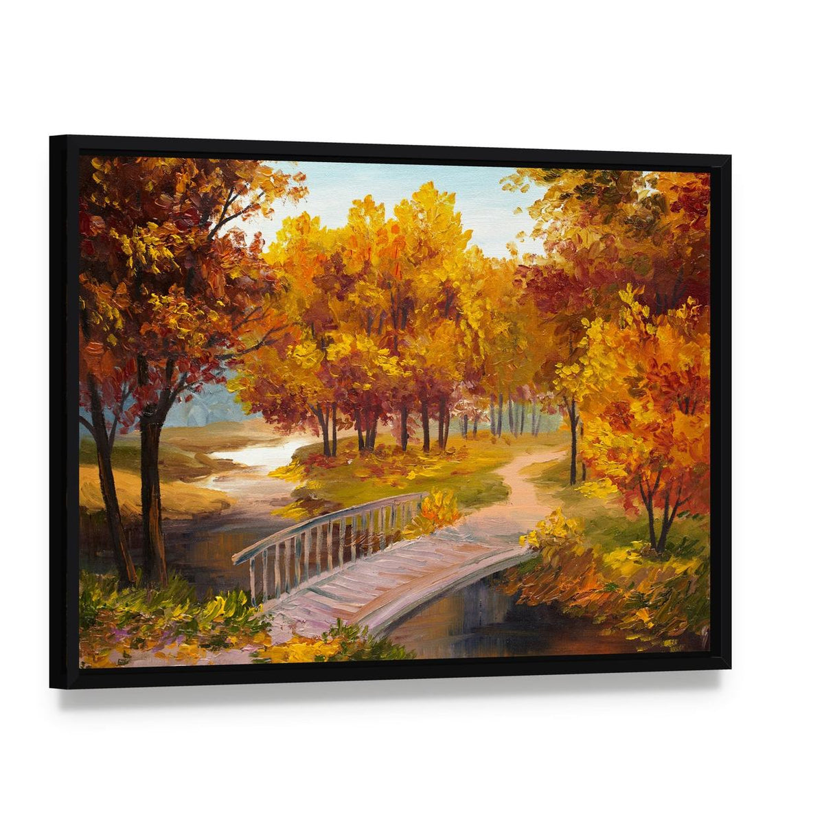 Autumn Forest & Bridge Canvas Wall Art, framed canvas in a black floater frame, angled product view