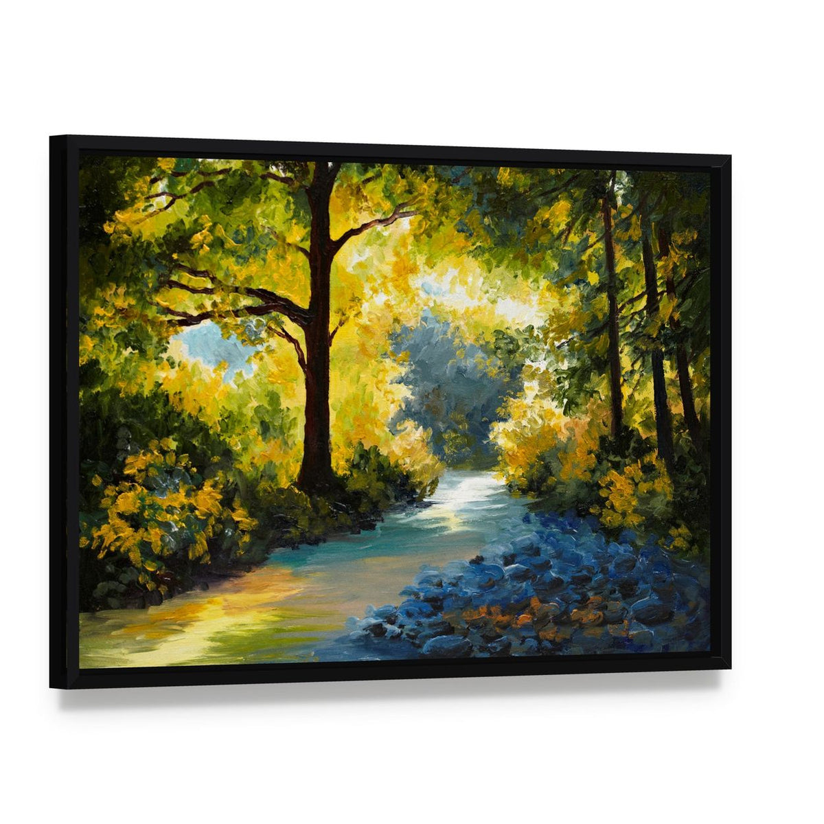 Summer Forest Meadow with Violets Canvas Wall Art, framed canvas in a black floater frame, angled product view