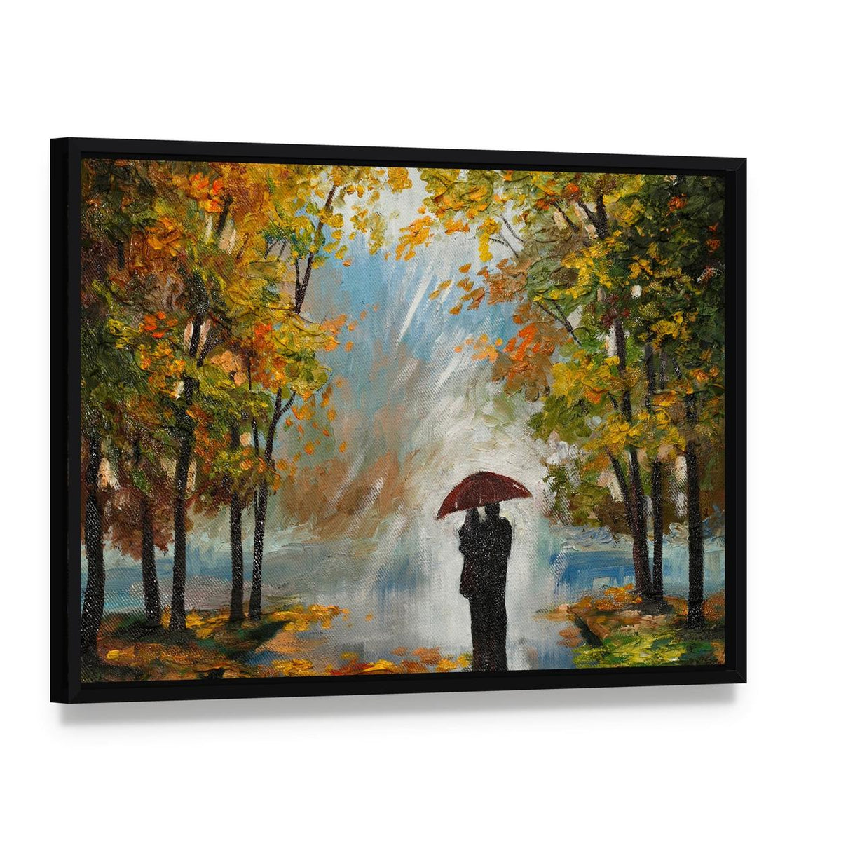 Couple in the Forest Canvas Wall Art, framed canvas in a black floater frame, angled product view