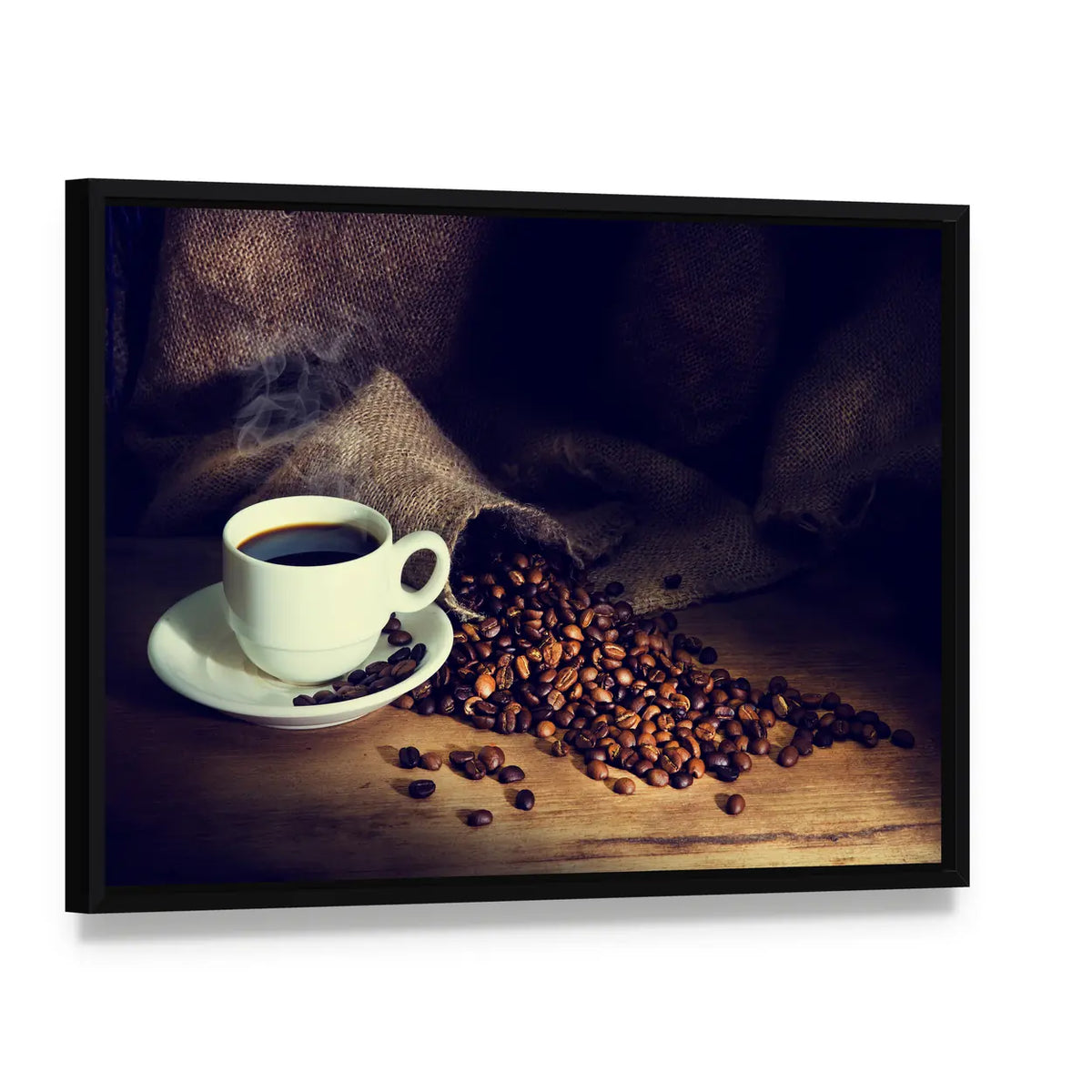 Steaming Coffee Cup with Roasted Beans Canvas Wall Art, framed canvas in a black floater frame, angled product view