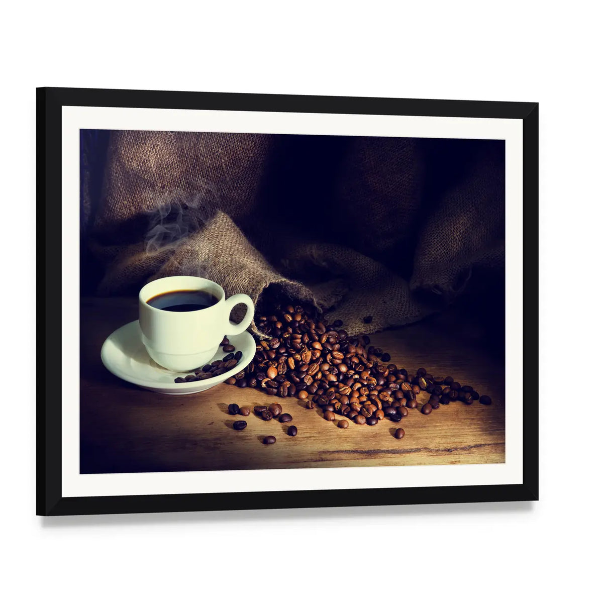 Steaming Coffee Cup with Roasted Beans Canvas Wall Art, framed print with white mat and black frame, angled product view
