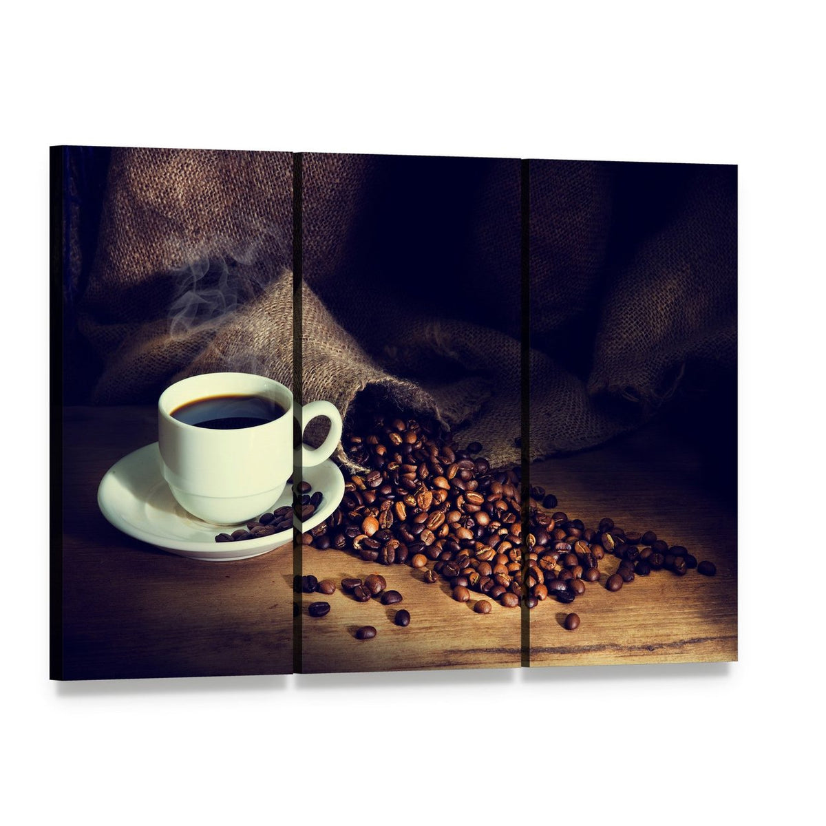 Coffee Cup and Coffee Beans Canvas Wall Art, 3 panel 3 Horizontal layout gallery wrapped canvas set, angled product view