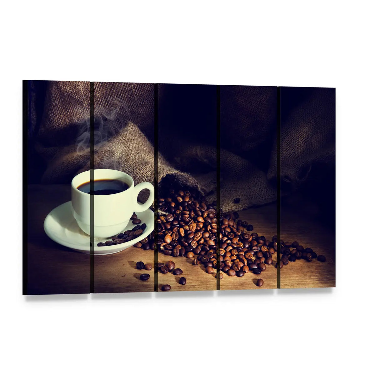 Steaming Coffee Cup with Roasted Beans Canvas Wall Art, 5 panel 5 Horizontal layout gallery wrapped canvas set, angled product view