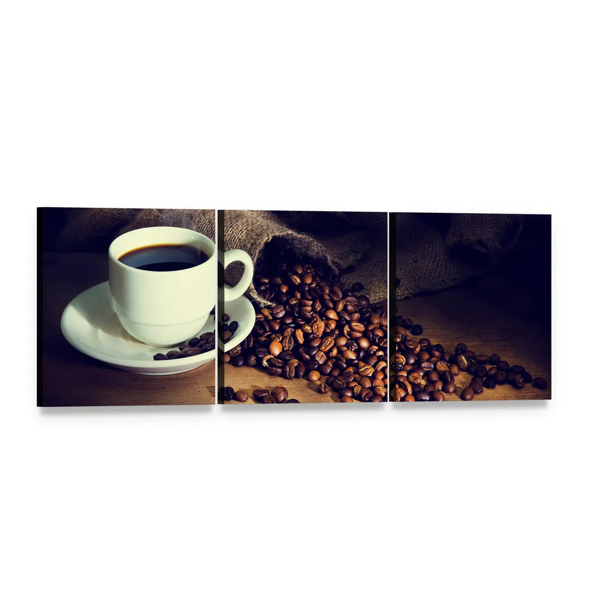 White Coffee Cup with Roasted Beans Panoramic Canvas Wall Art, 3 panel 3 Piece layout gallery wrapped canvas set, angled product view