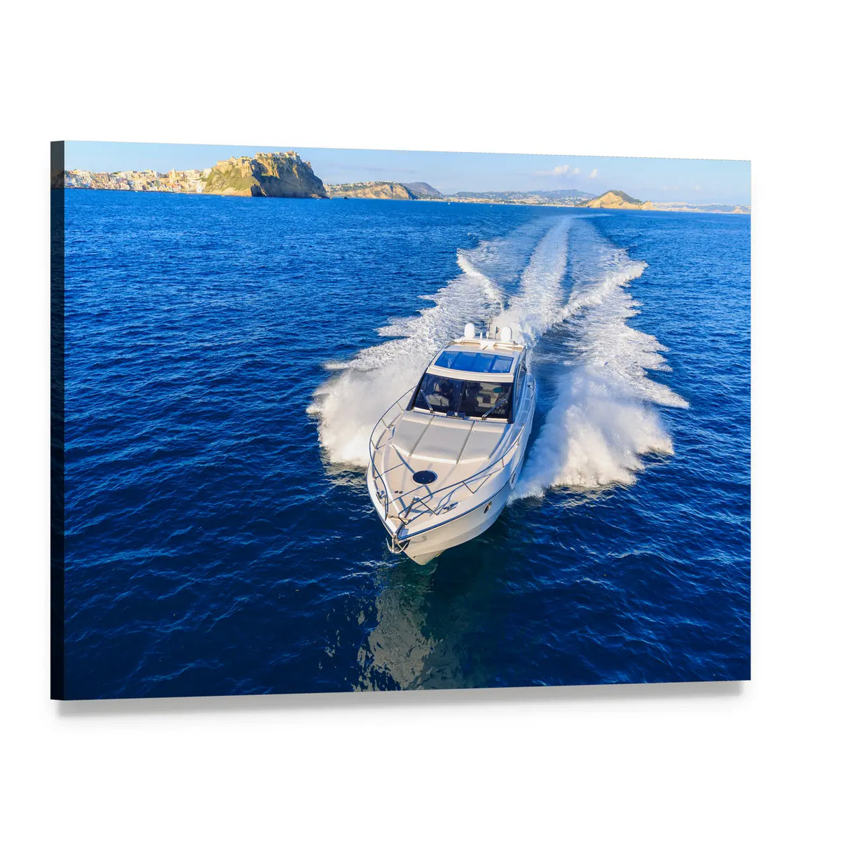White Motor Yacht in Bright Blue Ocean Canvas Wall Art, single panel gallery wrapped canvas, angled product view