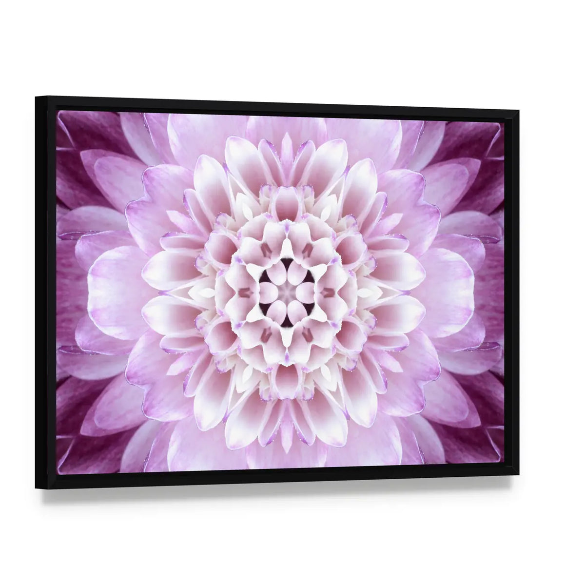 Purple Concentric Flower Canvas Wall Art, framed canvas in a black floater frame, angled product view