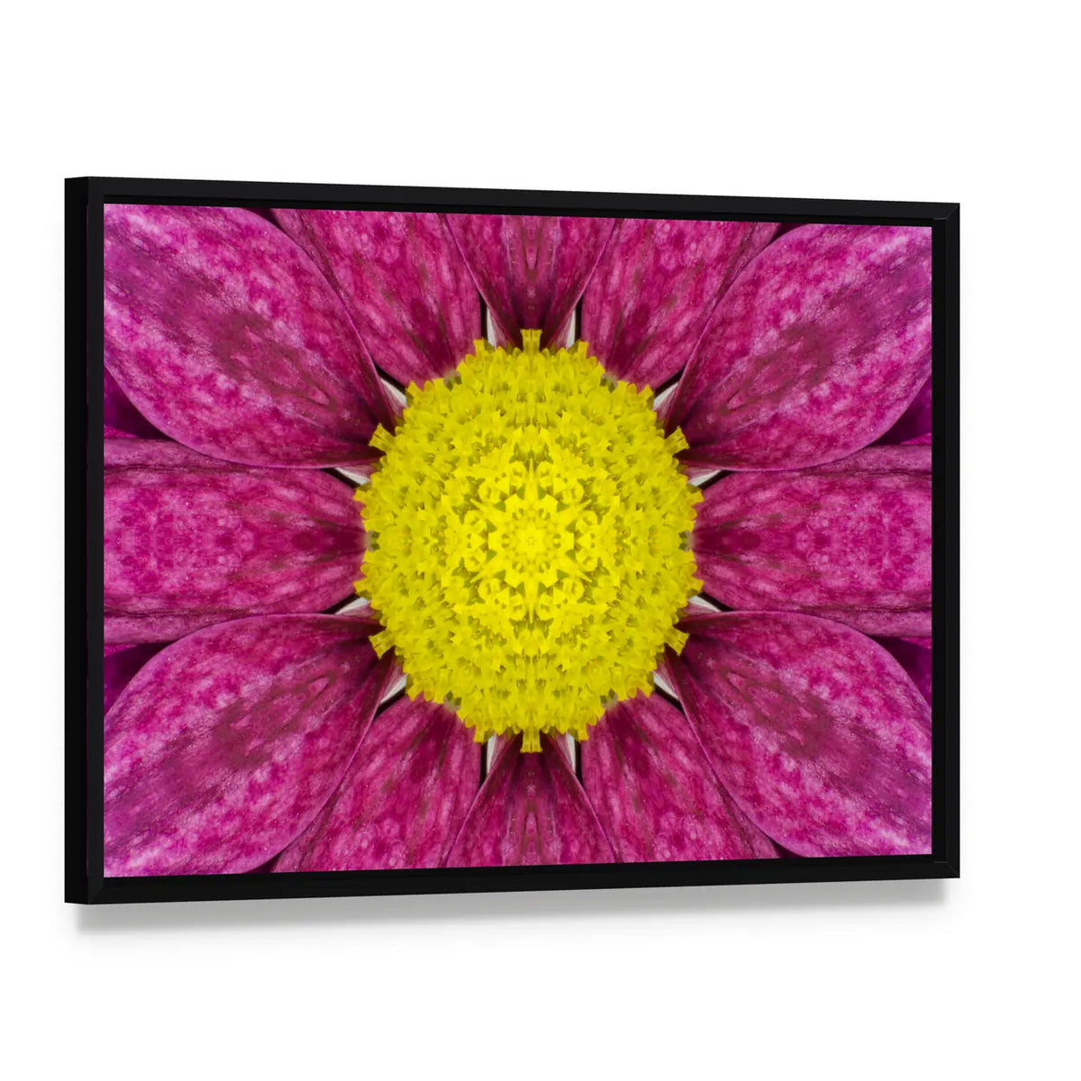 Purple Concentric Flower Canvas Wall Art, framed canvas in a black floater frame, angled product view