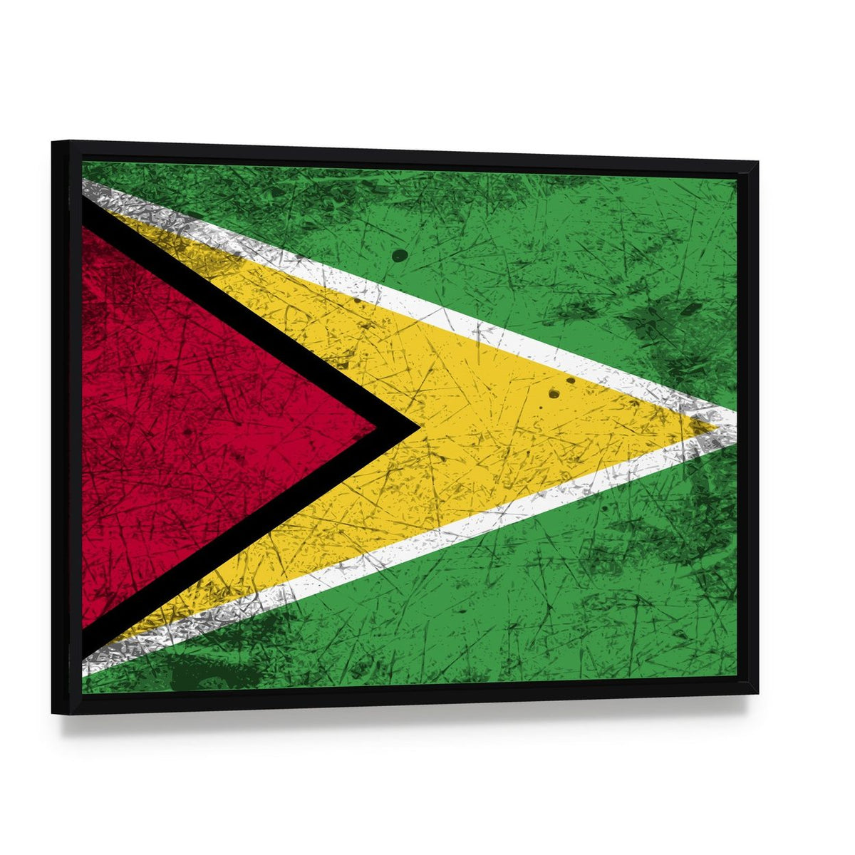 Distressed Guyana Flag Canvas Wall Art, framed canvas in a black floater frame, angled product view