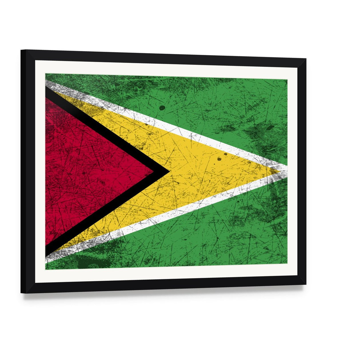 Distressed Guyana Flag Canvas Wall Art, framed print with white mat and black frame, angled product view