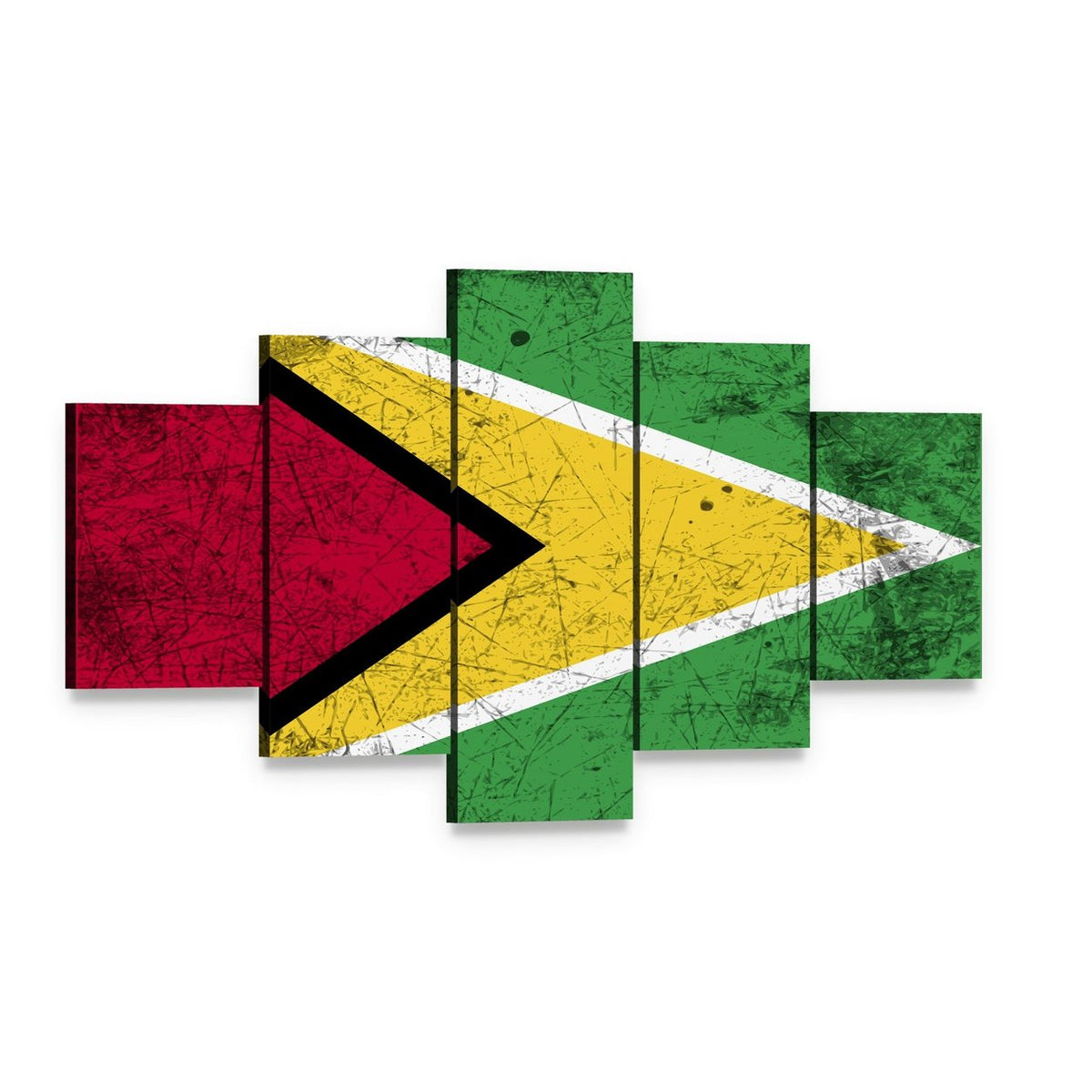 Distressed Guyana Flag Canvas Wall Art, 5 panel 5 Star layout gallery wrapped canvas set, angled product view