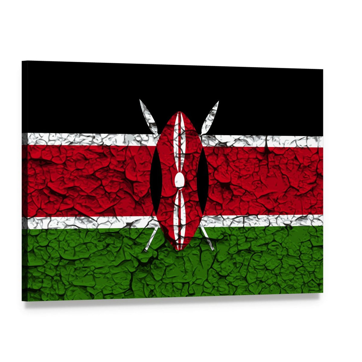Kenya Flag with Shield and Spears Canvas Wall Art, single panel gallery wrapped canvas, angled product view
