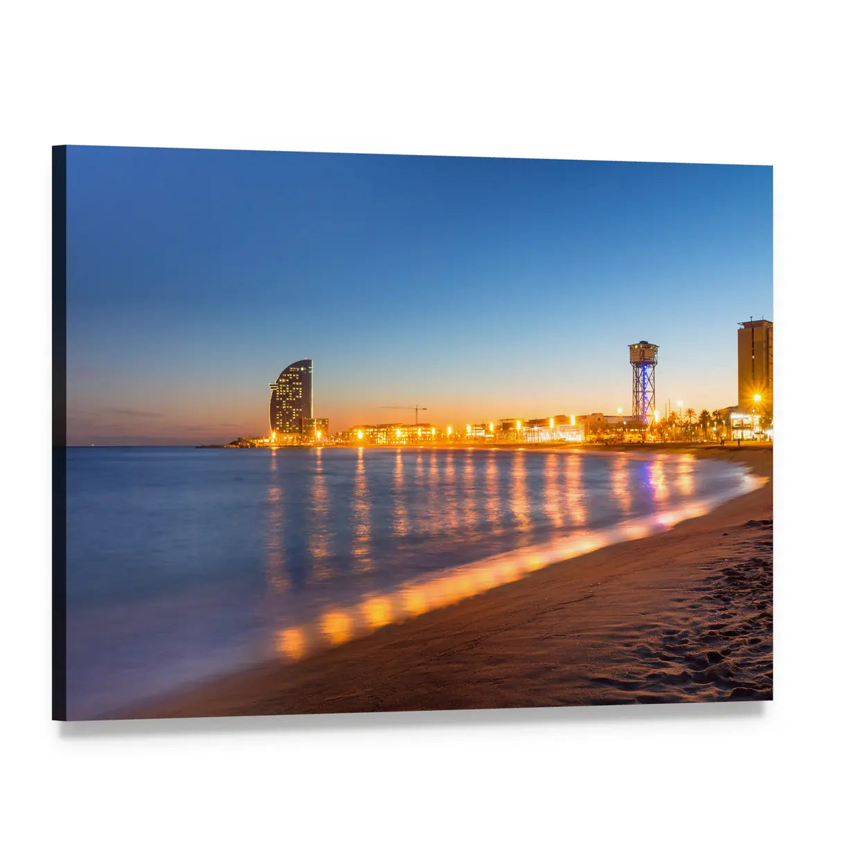 Barcelona Beach at Sunset Canvas Wall Art, single panel gallery wrapped canvas, angled product view