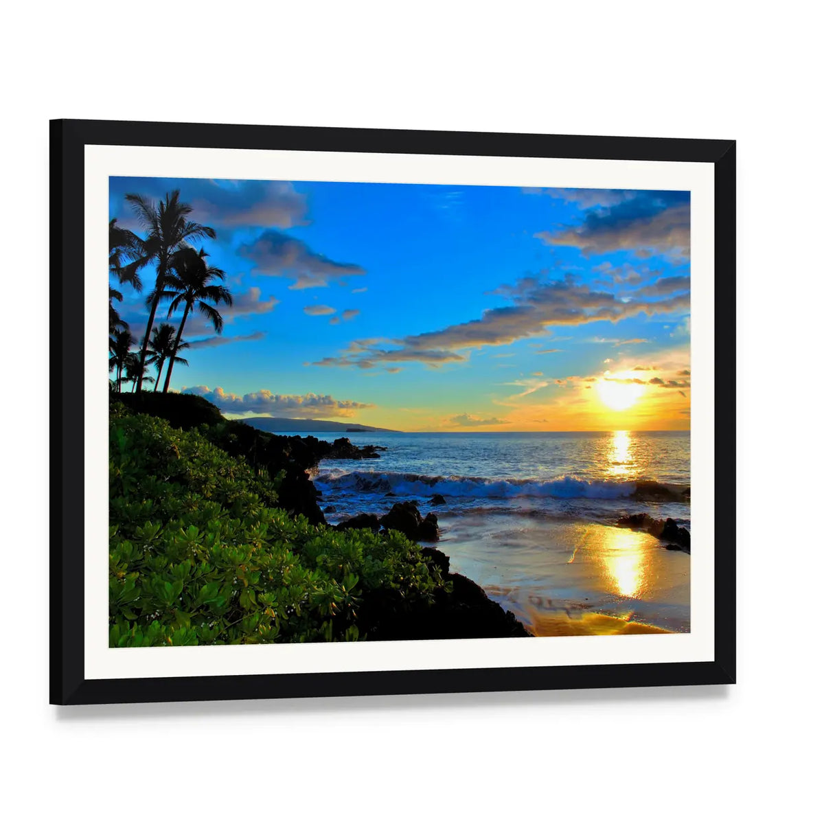 Maui Beach Sunset Canvas Wall Art, framed print with white mat and black frame, angled product view