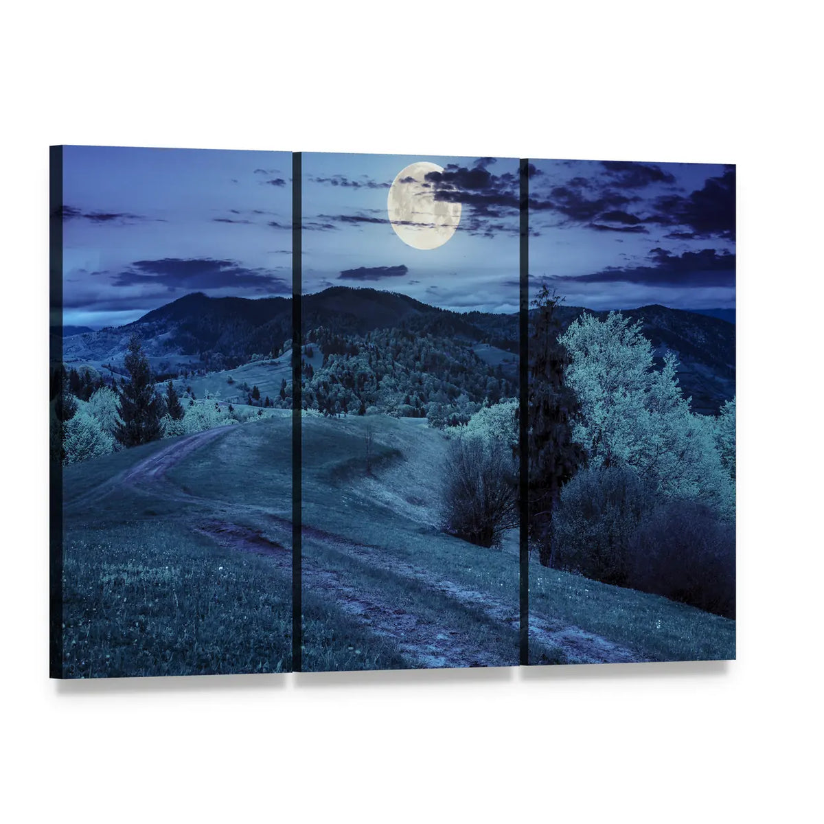 Moonlit Mountain Road Through Forest Canvas Wall Art, 3 panel 3 Horizontal layout gallery wrapped canvas set, angled product view