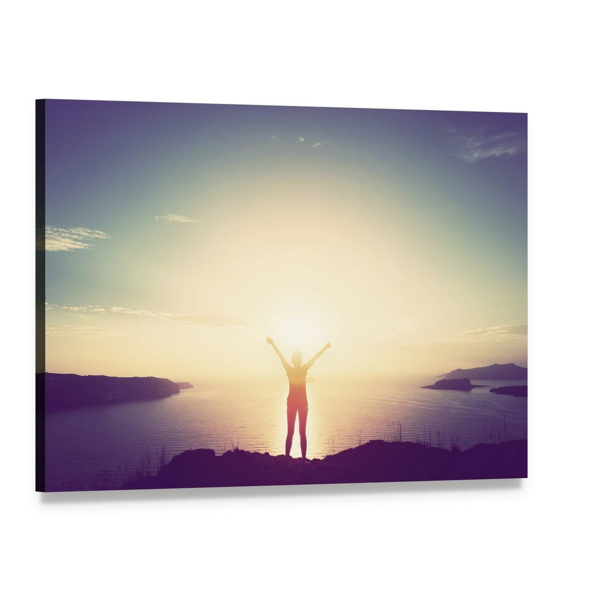 Woman on Cliff at Sunset Canvas Wall Art, single panel gallery wrapped canvas, angled product view