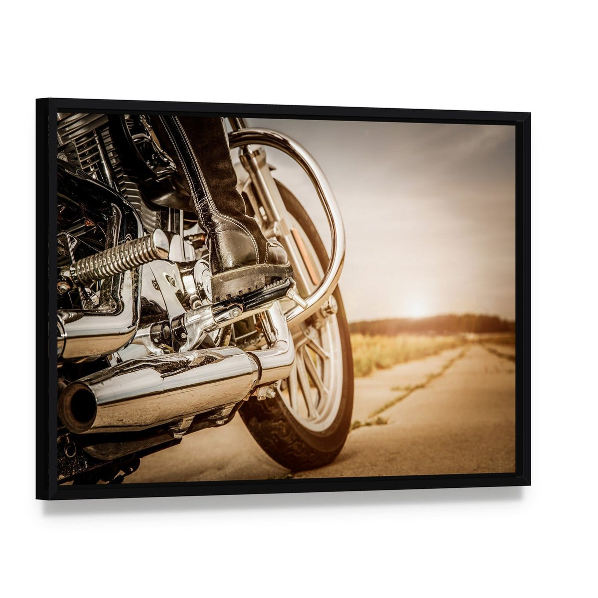 Motorcycle Engine Exhaust Sunset Canvas Wall Art, framed canvas in a black floater frame, angled product view