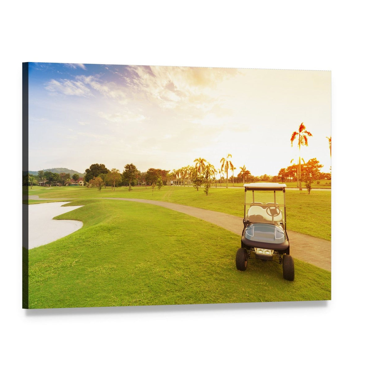Golf Cart at Tropical Sunset Canvas Wall Art, single panel gallery wrapped canvas, angled product view