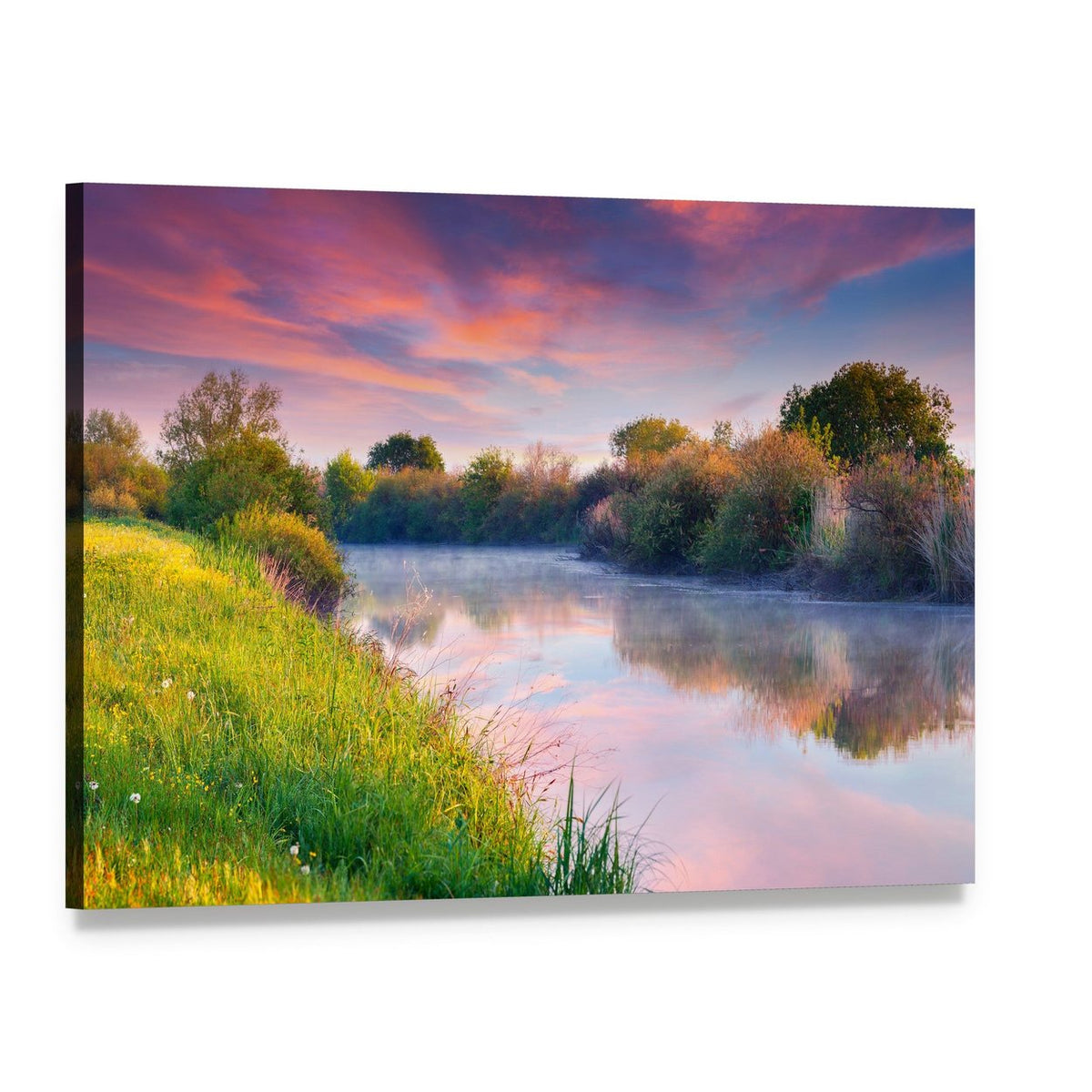 Colorful Sunrise Over River Canvas Wall Art, single panel gallery wrapped canvas, angled product view