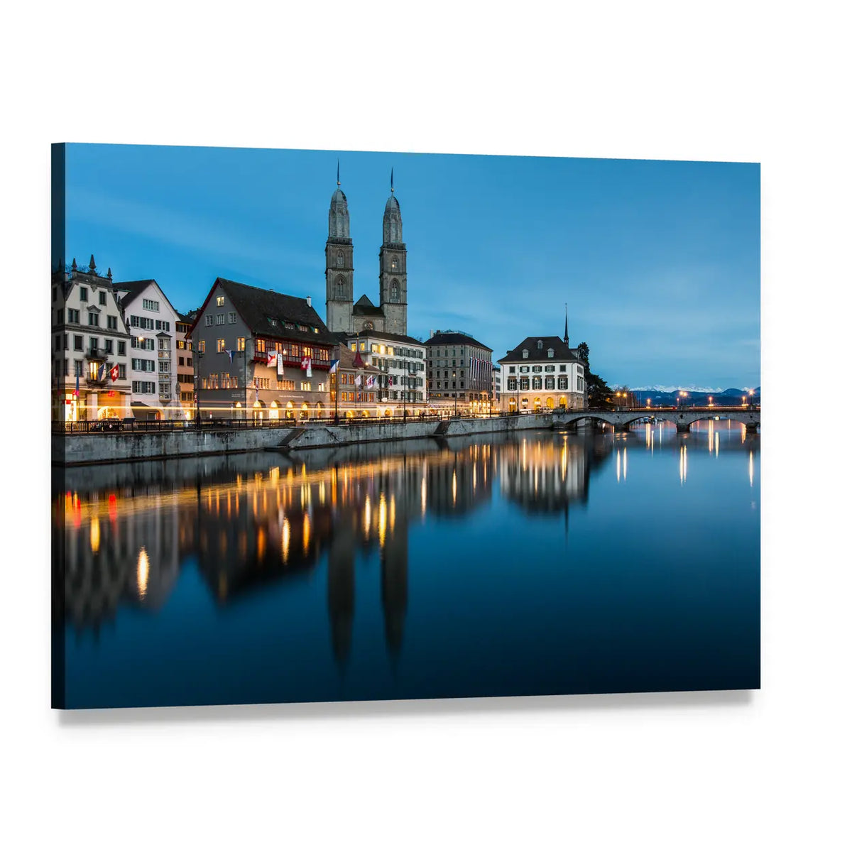 Zurich River at Twilight Canvas Wall Art, single panel gallery wrapped canvas, angled product view