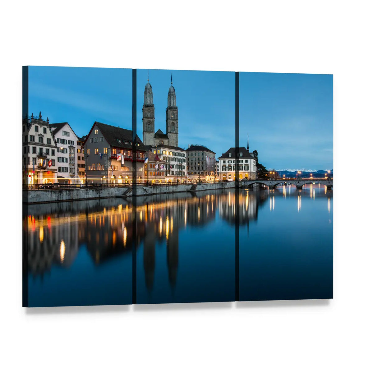 Zurich River at Twilight Canvas Wall Art, 3 panel 3 Horizontal layout gallery wrapped canvas set, angled product view