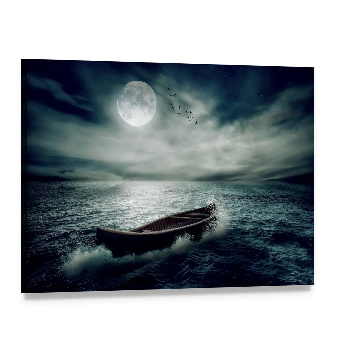 Boat Drifting in Stormy Ocean Canvas Wall Art, single panel gallery wrapped canvas, angled product view