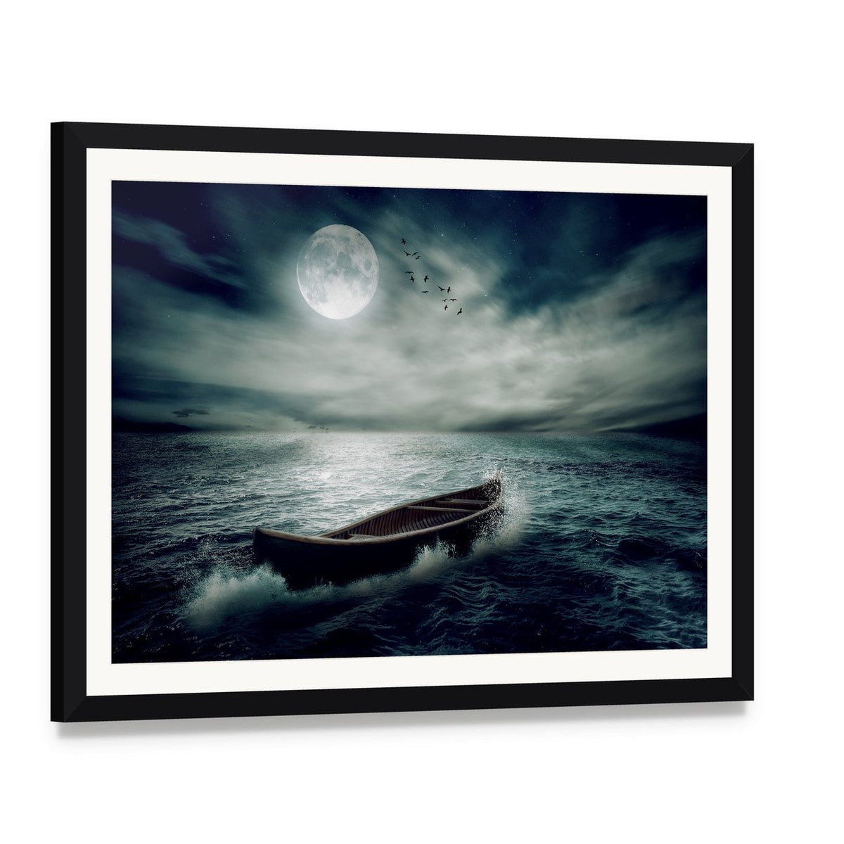 Boat Drifting in Stormy Ocean Canvas Wall Art, framed print with white mat and black frame, angled product view