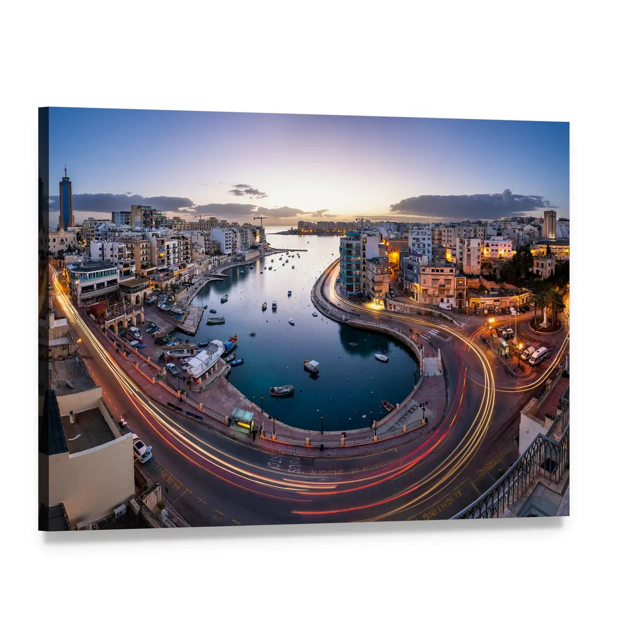 Saint Julien and Spinola Bay at Dawn Canvas Wall Art, single panel gallery wrapped canvas, angled product view