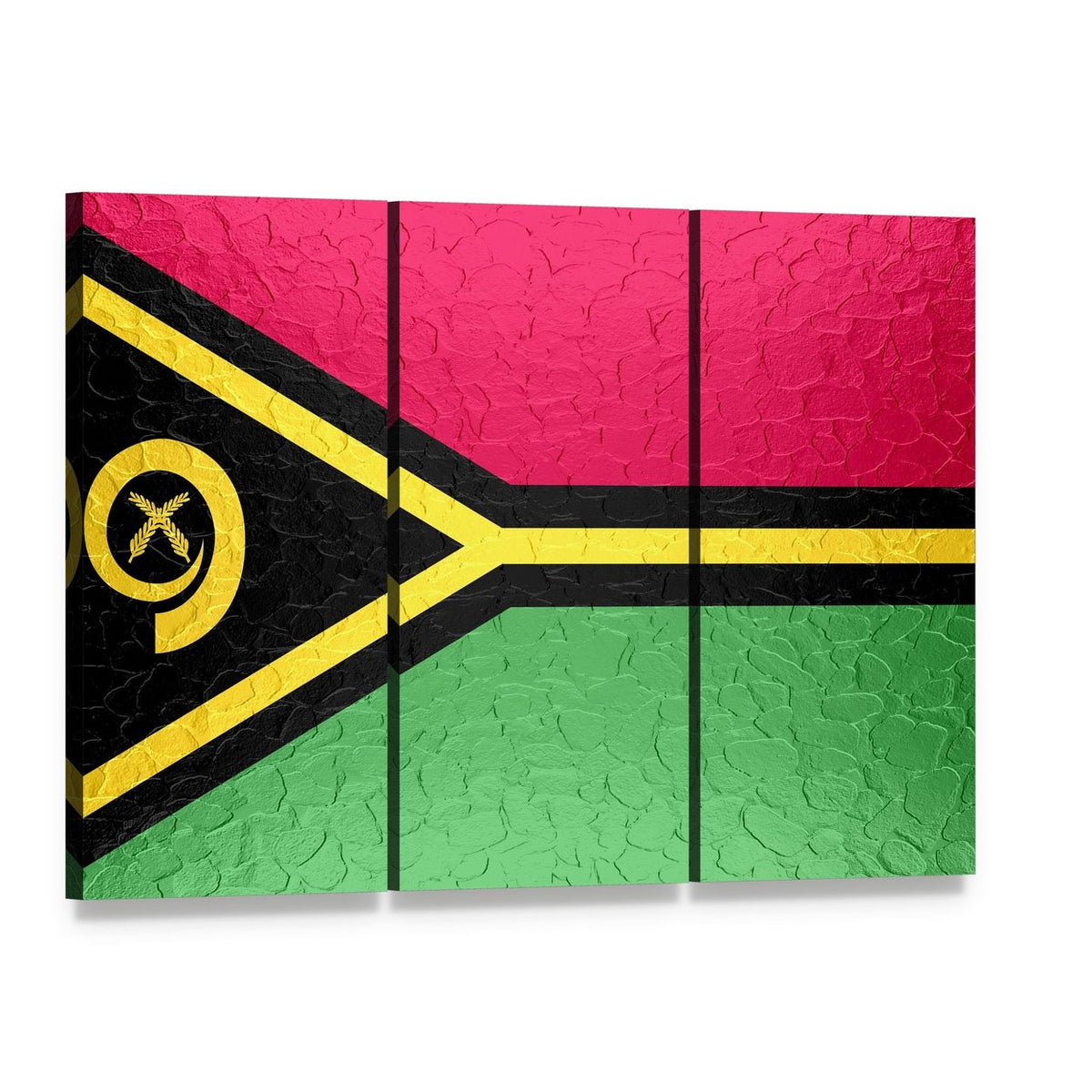 Vanuatu Flag with Metal Texture Canvas Wall Art, 3 panel 3 Horizontal layout gallery wrapped canvas set, angled product view