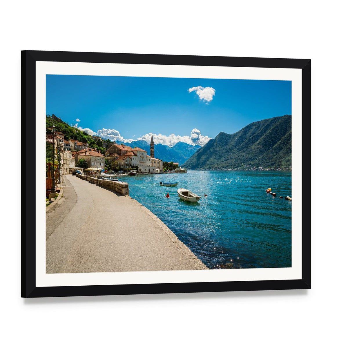 Boka Kotor Bay in Montenegro Canvas Wall Art, framed print with white mat and black frame, angled product view