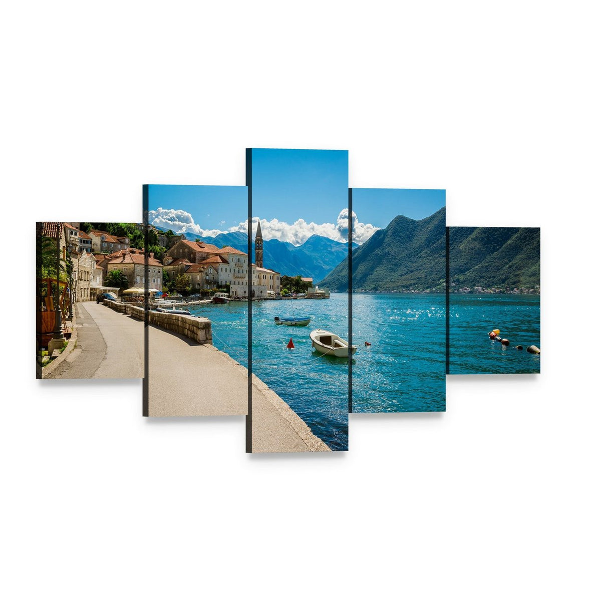Boka Kotor Bay in Montenegro Canvas Wall Art, 5 panel 5 Star layout gallery wrapped canvas set, angled product view