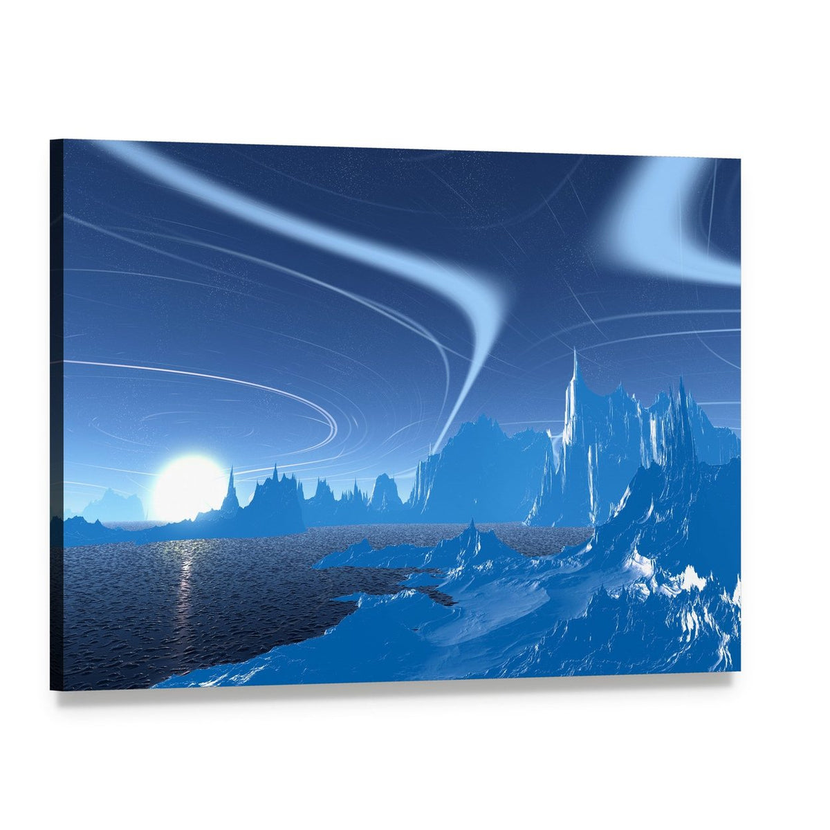 Blue Lake on Alien Planet Canvas Wall Art, single panel gallery wrapped canvas, angled product view